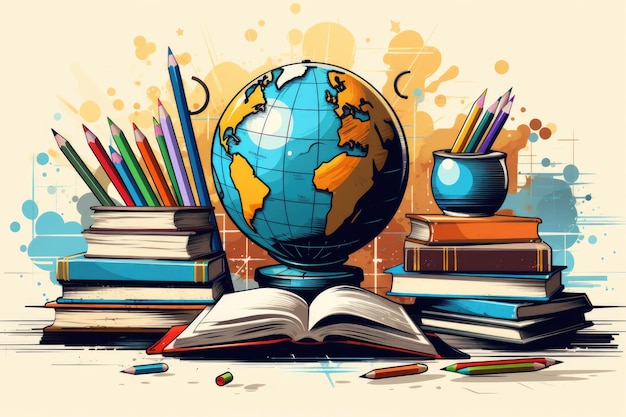 Back to school background with globe books and pencils Vector illustration Generative AI