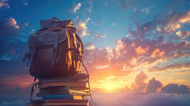 Back to school Backpack is standing on the tower of books on background of sunset sky Concept of education and reading