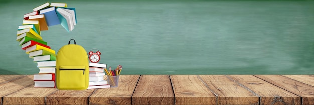 Back to school. Backpack with books and school stuff on blackboard background