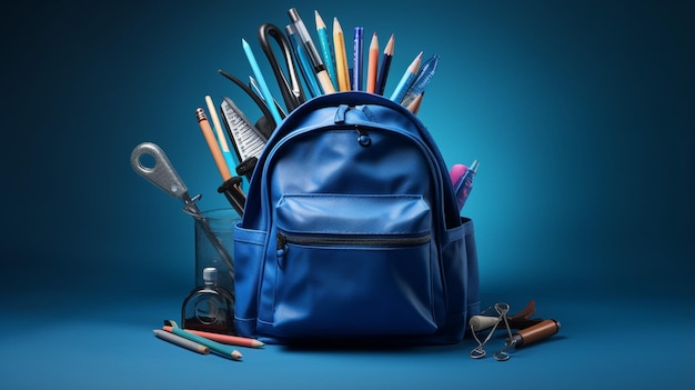 Back to School bag filled with education material blue colour bag with typing space