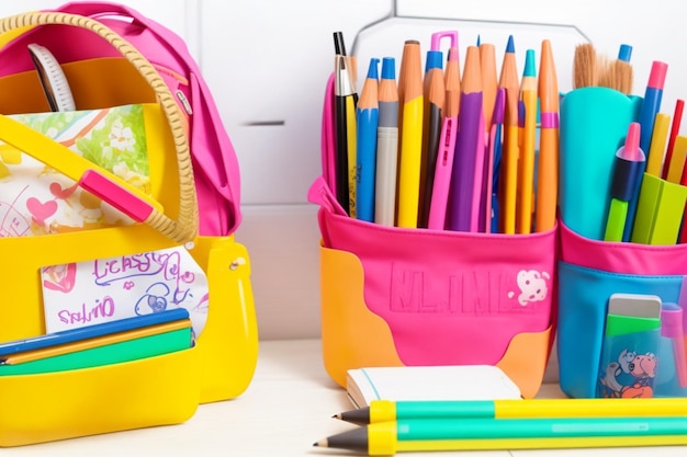 Back to school bag pencils and notebooks background