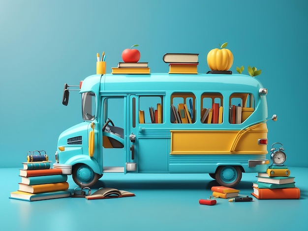 Back to school banner Funny School bus with books and accessory on turquoise blue background AI