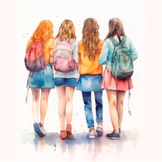 Back to school best friends watercolor backward IA generated illustration