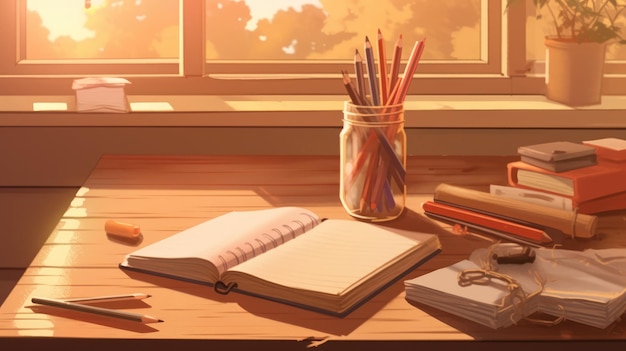 Back to school book on desk with pencils and colors