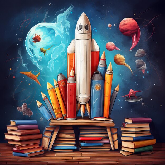 Back To School Books And Pencils With Rocket Sketch