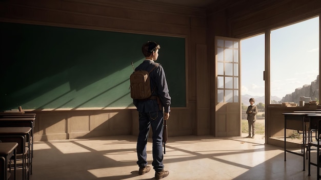 Back to School a boy in a classroom in a historical art painting style