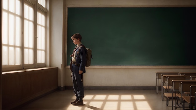 学校に戻る歴史的な芸術の絵画スタイルで教室にいる少年