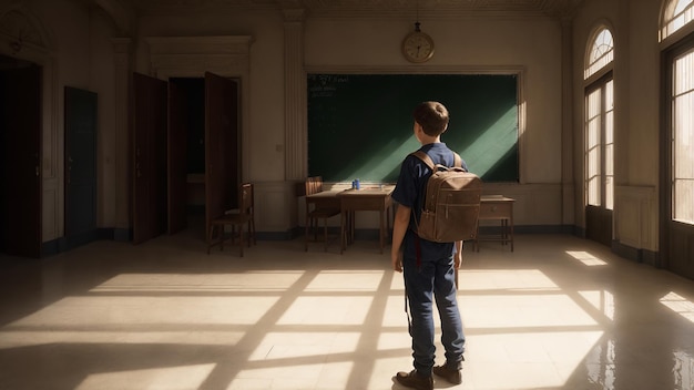 Back to School a boy in a classroom in a historical art painting style