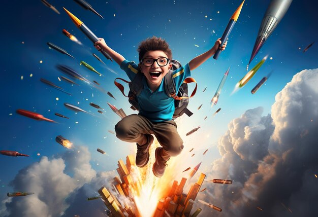 Back to school Boy flying on rocket from colorful