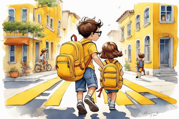Photo back to school boy and girl with backpacks go to school to study against the background of a yellow bus created with generative ai software