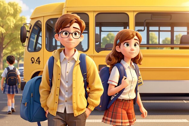 Back to school boy and girl with backpacks go to school to study against the background of a yellow bus