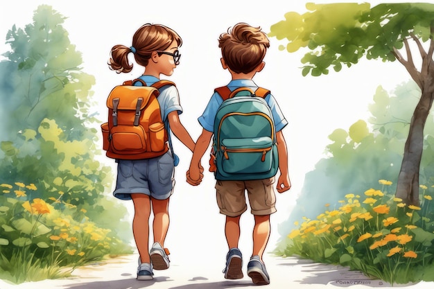 Возвращение в школу мальчик и девочка с рюкзаками идут в школу, чтобы учиться, созданные с помощью генеративного программного обеспечения ИИ