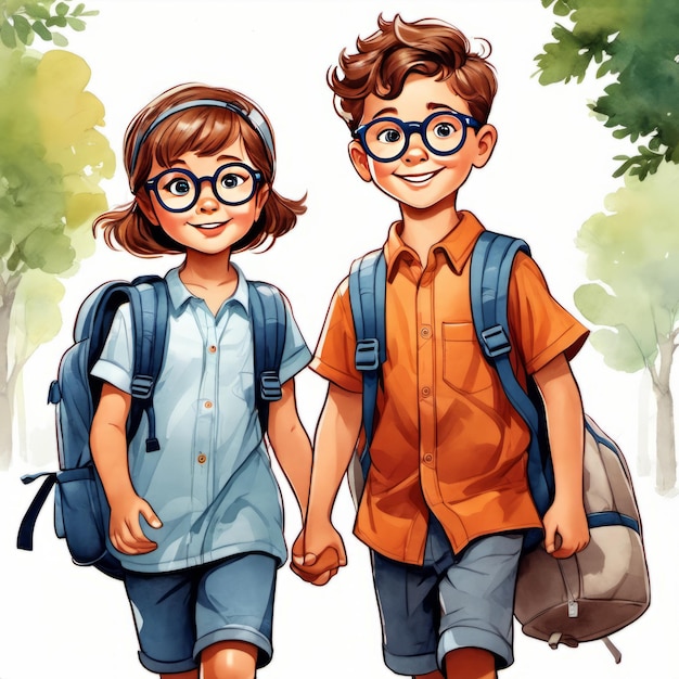 Back to school boy and girl with backpacks go to school to study created with generative ai software