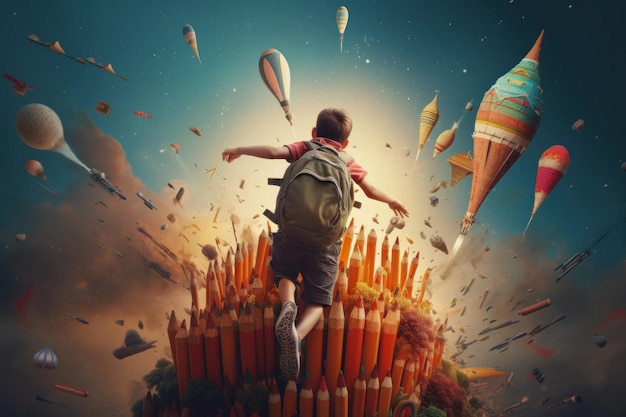 Back to school boy with a bag in a rocket Created with generative AI technology