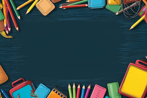 Photo back to school college concept top view from above on blackgreen blackboard or chalkboard background with different supplies stationery flat lay with copy space modern elementary education