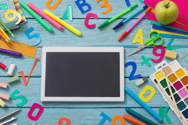 back to school composition on old blue background