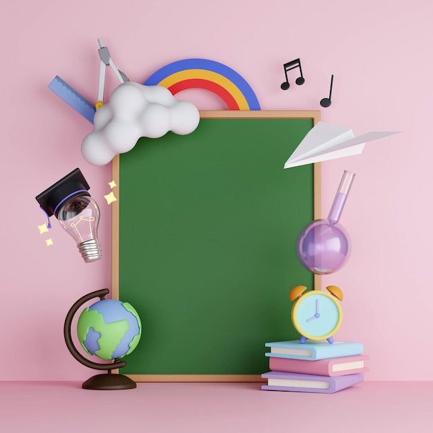 Back to school concept background with blackboard books and accessory 3D Render