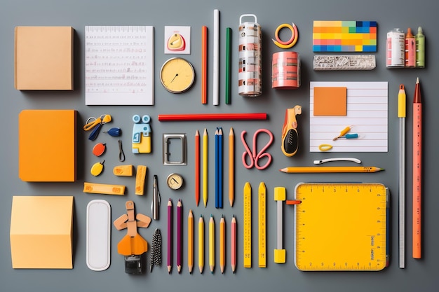 Back to school concept backpack books pencils and other stationery on the table