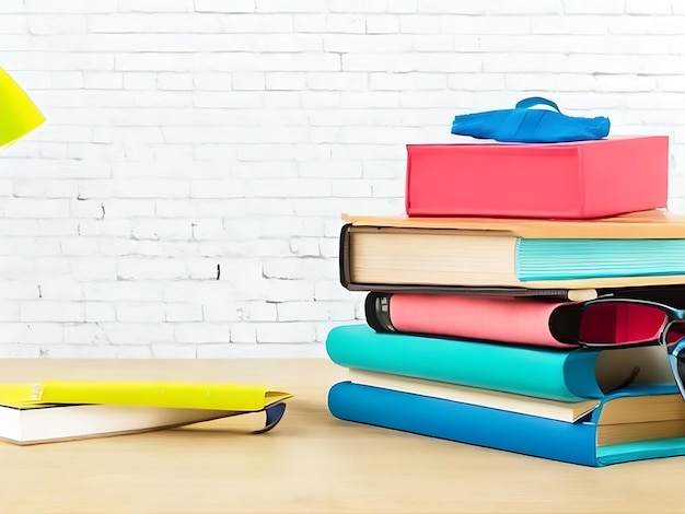 Photo back to school concept backpack and stack of books on wooden table ai generated