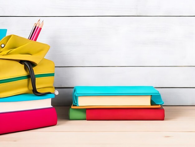 Photo back to school concept backpack and stack of books on wooden table ai generated