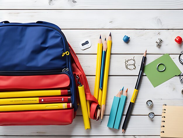 Back to school concept backpack with school supplies and accessories background