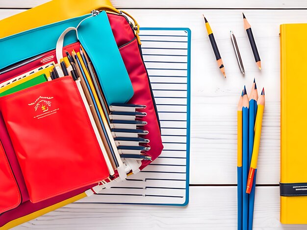 Foto concetto di ritorno a scuola zaino con materiale scolastico e accessori sfondo