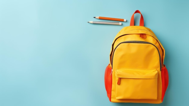 Back to school concept Backpack with school supplies on blue background Top view Copy space Created with Generative AI technology