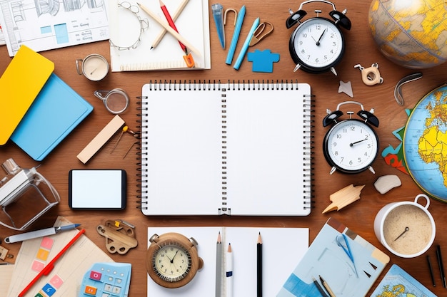 Back to school concept creative layout with with various school supplies on wooden desk table Flat lay style composition top view