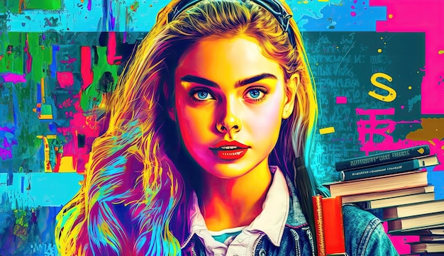 Back to school concept education themes school girl on colorful neon background