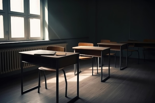 Back to school concept empty table in classroom AI
