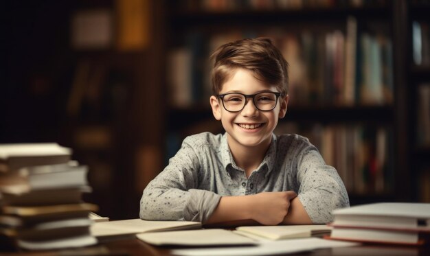 Back to school concept Funny emotional teenager sitting at the desk with school homework generative AI