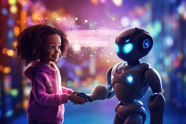 Foto concetto di ritorno a scuola: il bambino umano usa il robot per semplificare la vita con l'intelligenza artificiale generativa