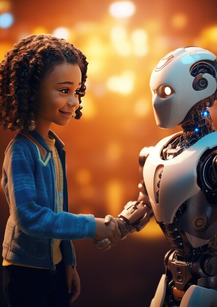 Foto concetto di ritorno a scuola: il bambino umano usa il robot per semplificare la vita con l'intelligenza artificiale generativa