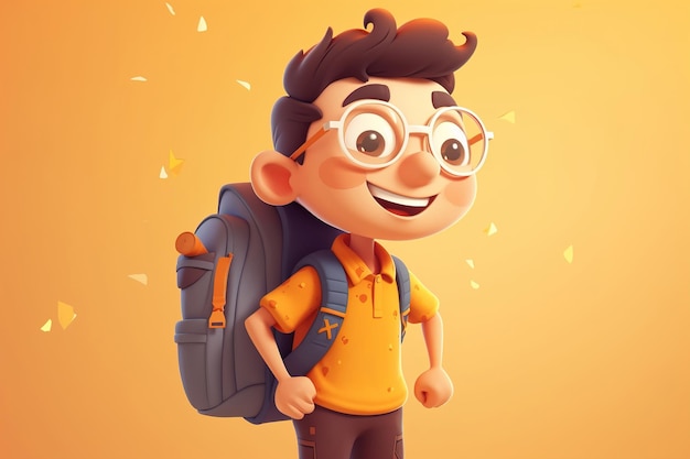 Back to school concept portrait of cheerful smart schoolboy wearing glasses and backpack standing on yellow background Generative AI illustration