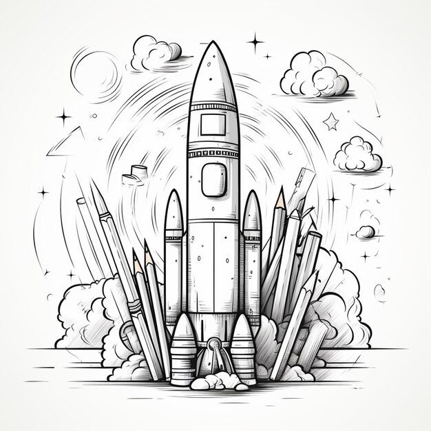 Photo back to school concept rocket sketch