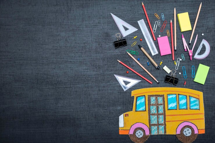 फोटो back to school concept school bus made of paper put on a blackboard the stationery is on top great success must start with learning