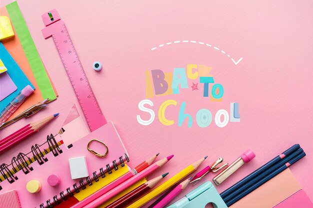 back to school concept school stationery accessories on pink background