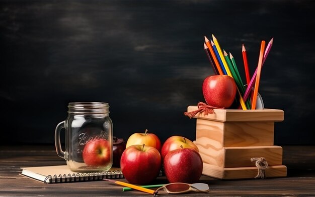 Back to school concept Stack of books and apple on table AI Generative AI