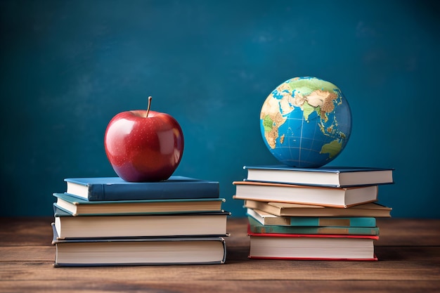 バック・トゥ・スクール・コンセプト 書籍の積み重ね 地球と木製のテーブル上のリンゴ
