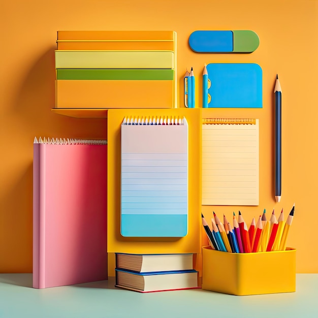 Back to school concept Stack of notebooks and stationery on yellow background