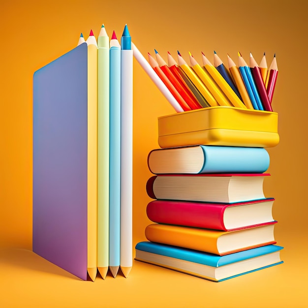 Back to school concept Stack of notebooks and stationery on yellow background