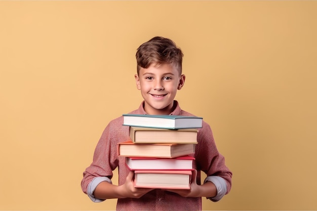 Photo back to school concept that includes school boy holding books on yellow background with copy space