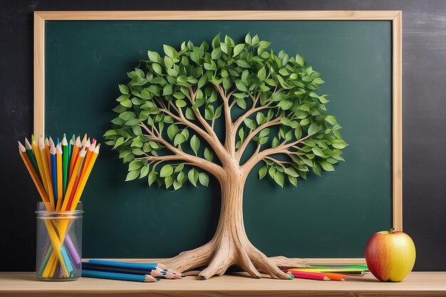 Foto torna a scuola con l'albero della conoscenza e le matite davanti alla lavagna della classe.