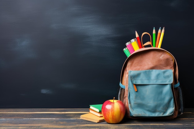 Снова в школу с рюкзаком, яблоком и книгами на фоне доски Рюкзак со школьными принадлежностями на доске Сгенерирован AI