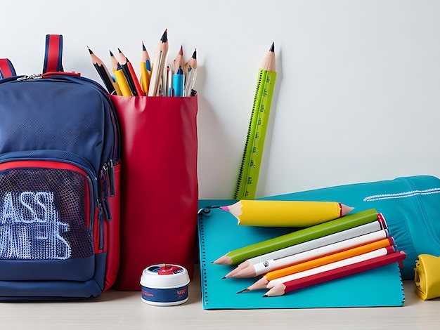 Foto concetto di ritorno a scuola con zaino con accessori scolastici sfondo