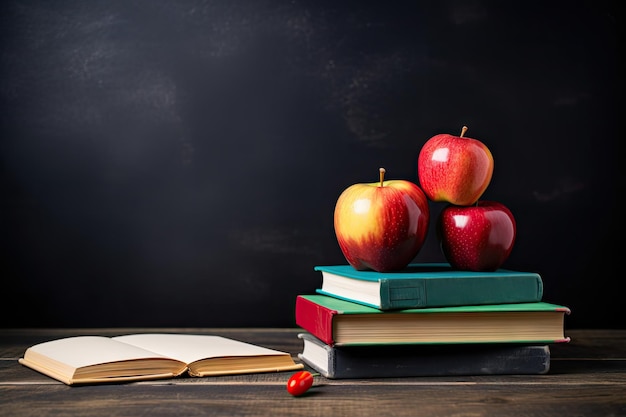 Back to school concept with books and apple on chalkboard