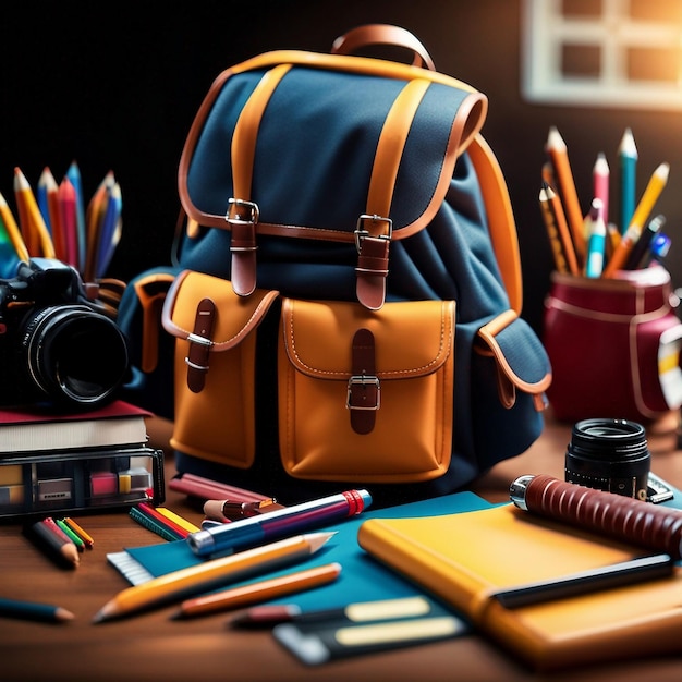 Photo back to school concept with pen pecil schoolbag apple