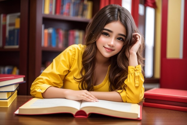 Back to school concept with pencils books read book side full view Beautiful girl holding pencil