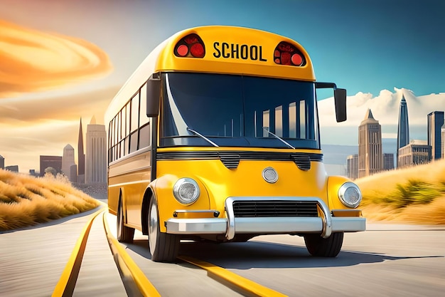 back to school Concept with school supplies and equipment school bus with school accessories and boo