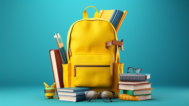 Вернуться к школьной концепции Желтый рюкзак с книгами и школьным инвентарем на синем фоне